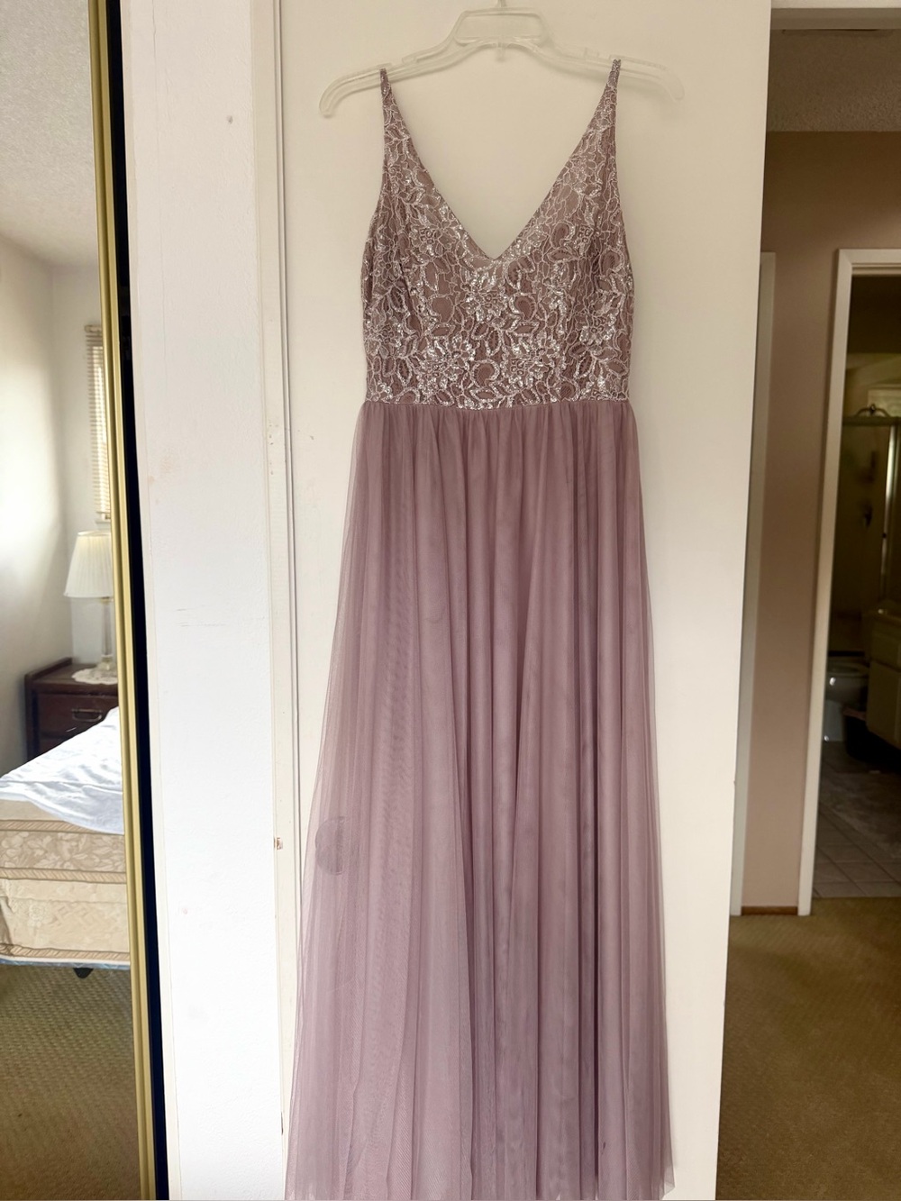 Sleeveless V-Neck Lace Bodice Tulle Maxi Dress - Dusty Mauve